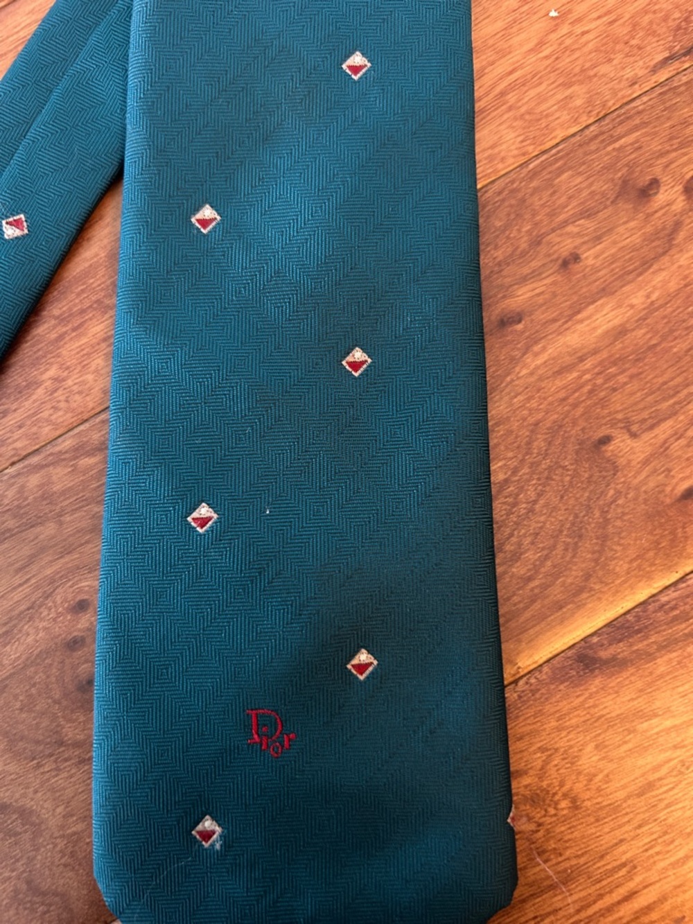 Christian Dior Vintage Logo Stamped Teal  Diamond Patterned Tie Made in USA - Picture 3 of 6